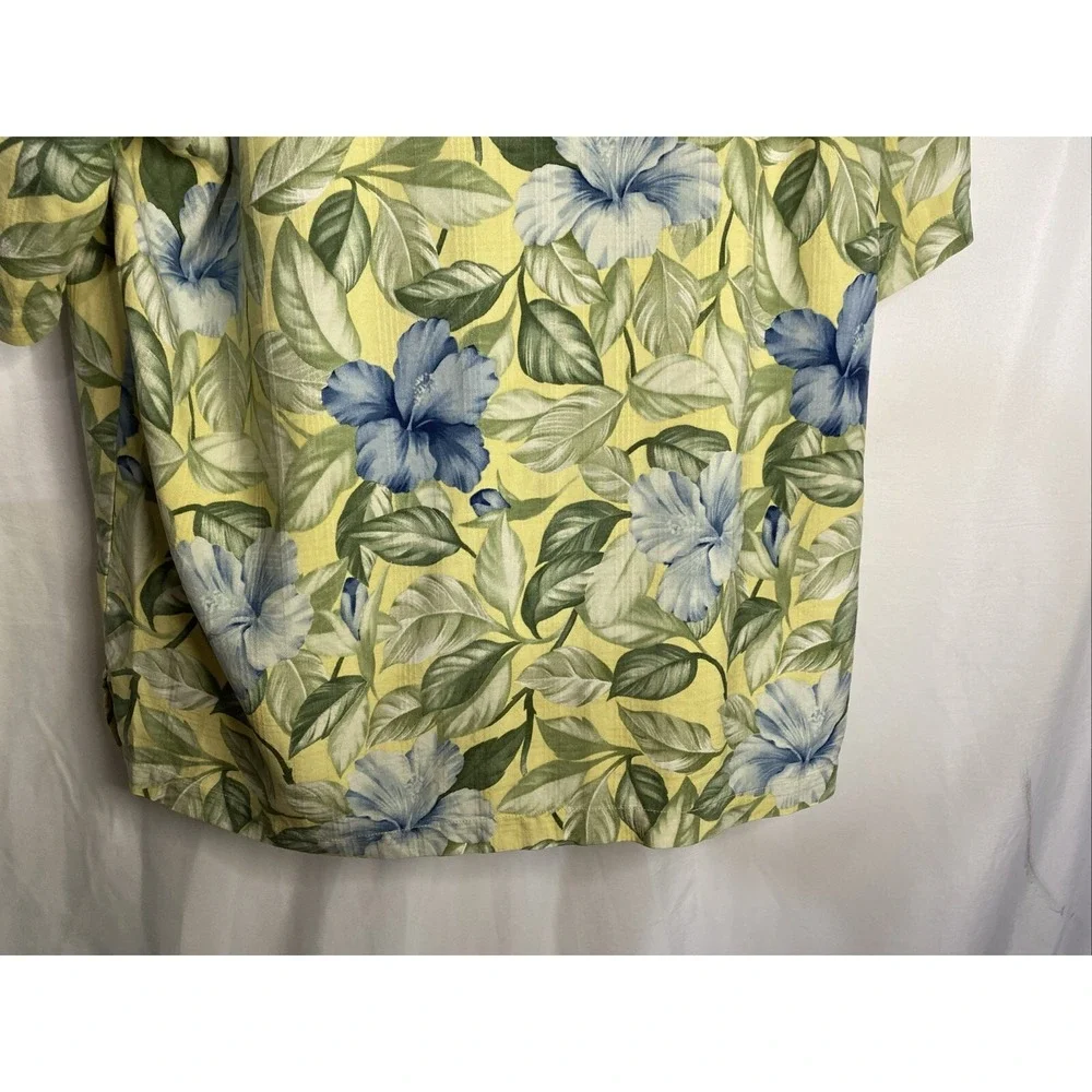 Tommy Bahama Camp Shirt Mens L Yellow Blue Hibiscus Silk Floral Short Sleeve Exc